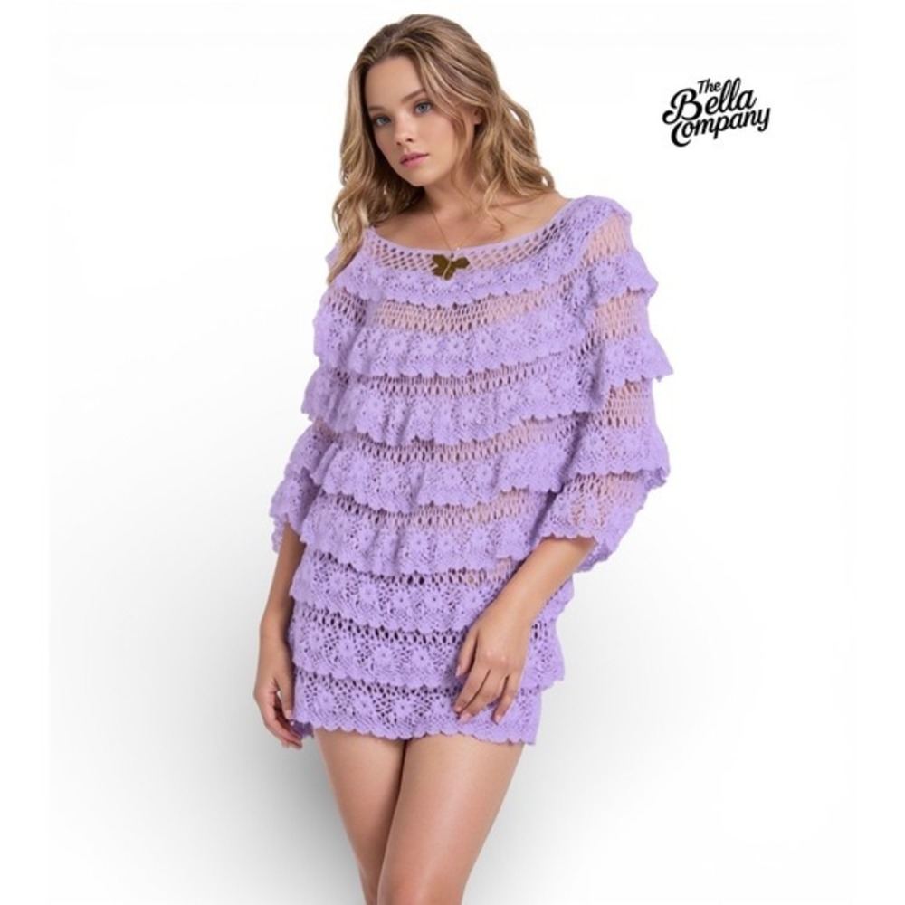 Crochet Mini Dress Sweater 2X Lavender Ruffled‎ Boho Layering Piece